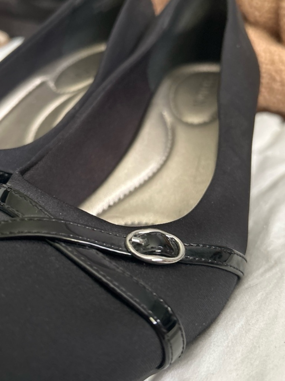Women's Black Ballet Flats with Patent Trim and Silver Accent